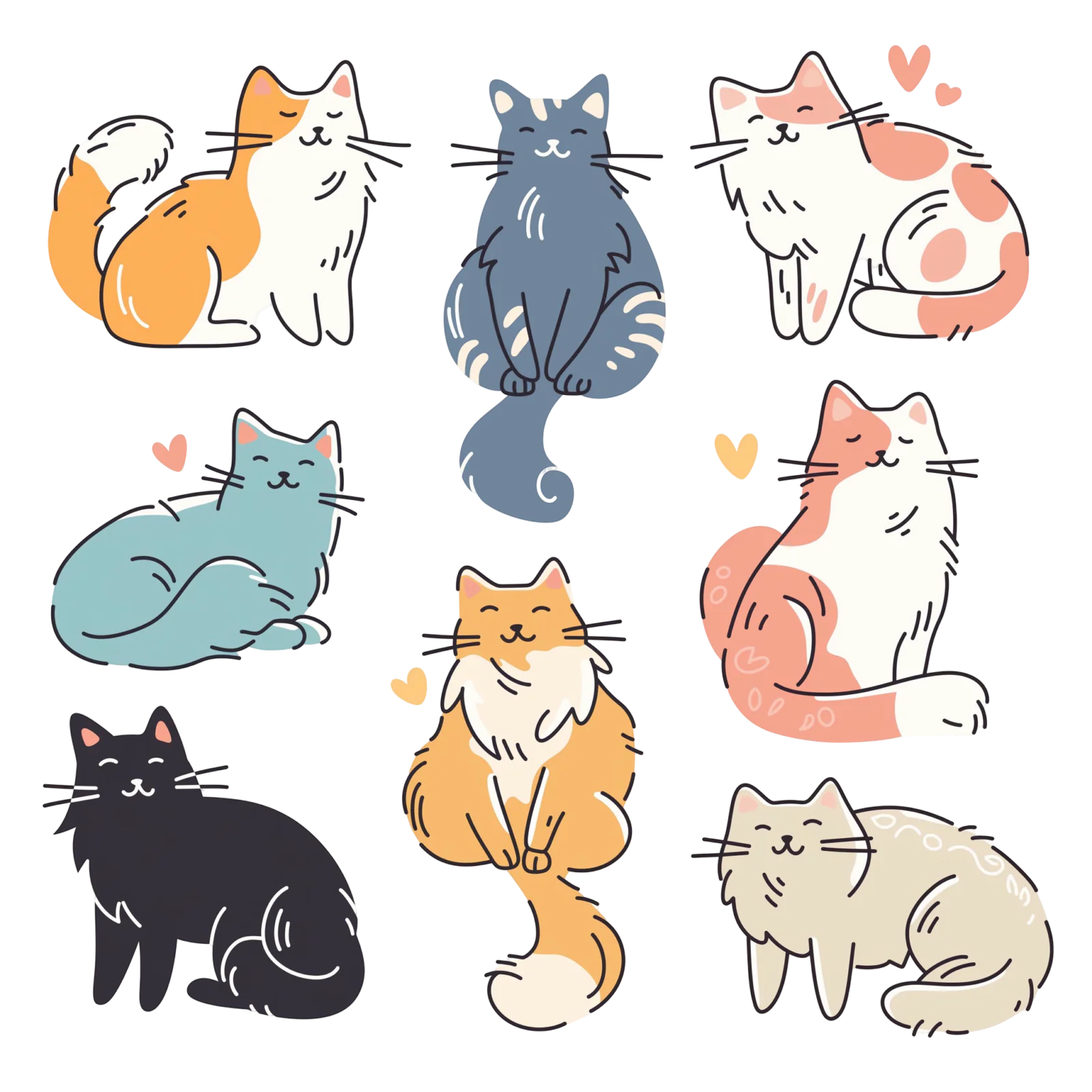 Cozy Hand-Drawn Cat Sticker Sheet Printable – Aesthetic Doodle Cats Pack for Planners & Journaling
