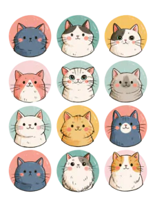 Cute Kawaii Cat Sticker Sheet Printable – Round Cat Faces Printable Stickers for Planners & Journaling