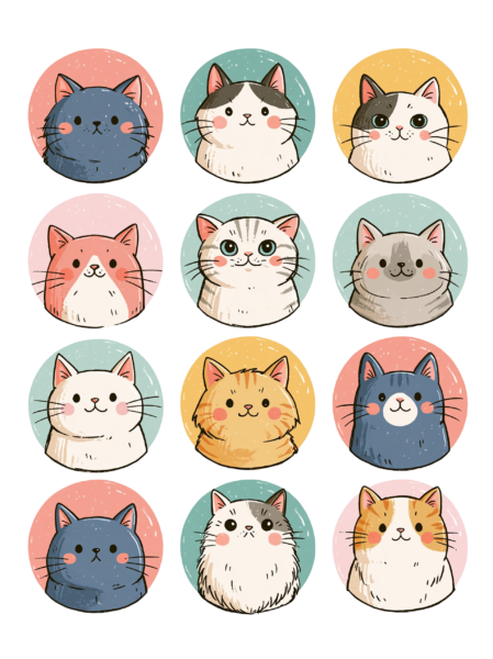Cute Kawaii Cat Sticker Sheet Printable – Round Cat Faces Printable Stickers for Planners & Journaling