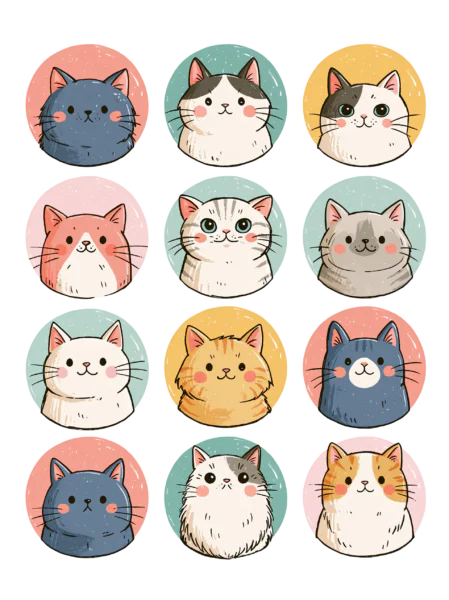 Cute Kawaii Cat Sticker Sheet Printable – Round Cat Faces Printable Stickers for Planners & Journaling