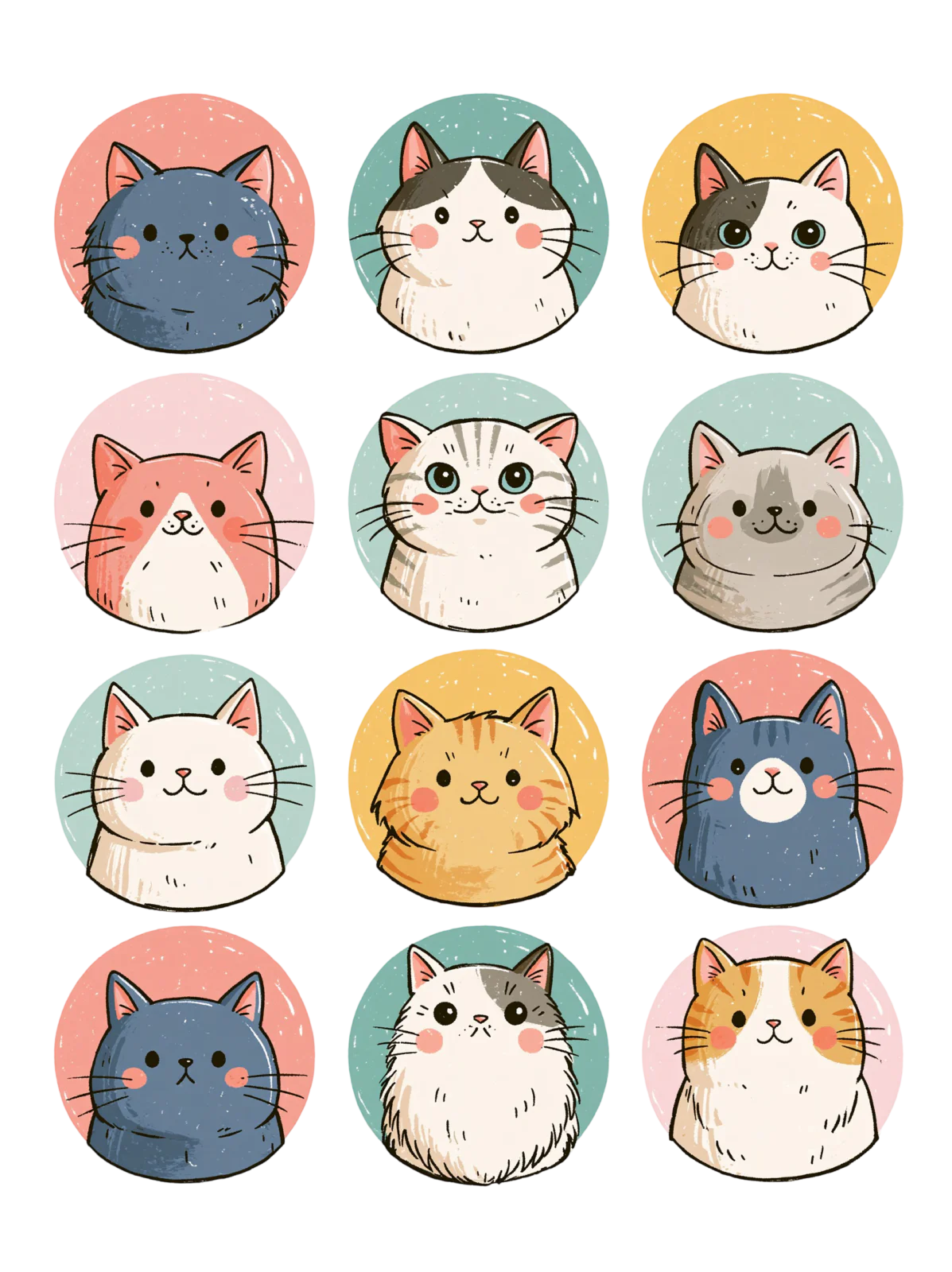 Cute Kawaii Cat Sticker Sheet Printable – Round Cat Faces Printable Stickers for Planners & Journaling