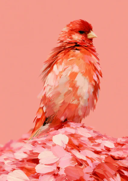 Pink Bird Oil Painting Printable Wall Art – Monochromatic Coral Finch & Flower Petals Poster, Aesthetic Impasto Nature Decor
