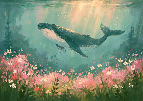 Surreal Whale Swimming in Flower Meadow Printable Wall Art – Dreamy Underwater Wildflower Painting Poster, Ethereal Impressionist Ocean Decor
