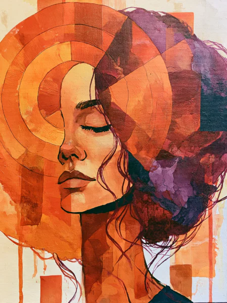 Abstract Woman Portrait Printable Wall Art – Warm Terracotta & Orange Geometric Halo Oil Painting Poster, Modern Boho Decor