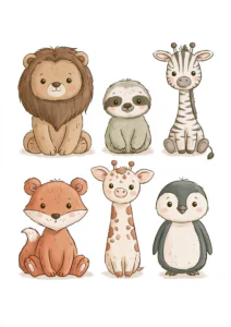 Cute Baby Animals Printable Wall Art – Cute Lion, Fox, Giraffe & Sloth Nursery Poster, Whimsical Playroom Decor