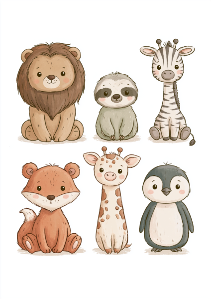 Cute Baby Animals Printable Wall Art – Cute Lion, Fox, Giraffe & Sloth Nursery Poster, Whimsical Playroom Decor
