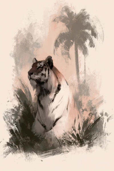 Artistic Tiger in Jungle Printable Wall Art – Sepia Tropical Palm Tree Painting Poster, Muted Boho Safari Wild Animal Decor