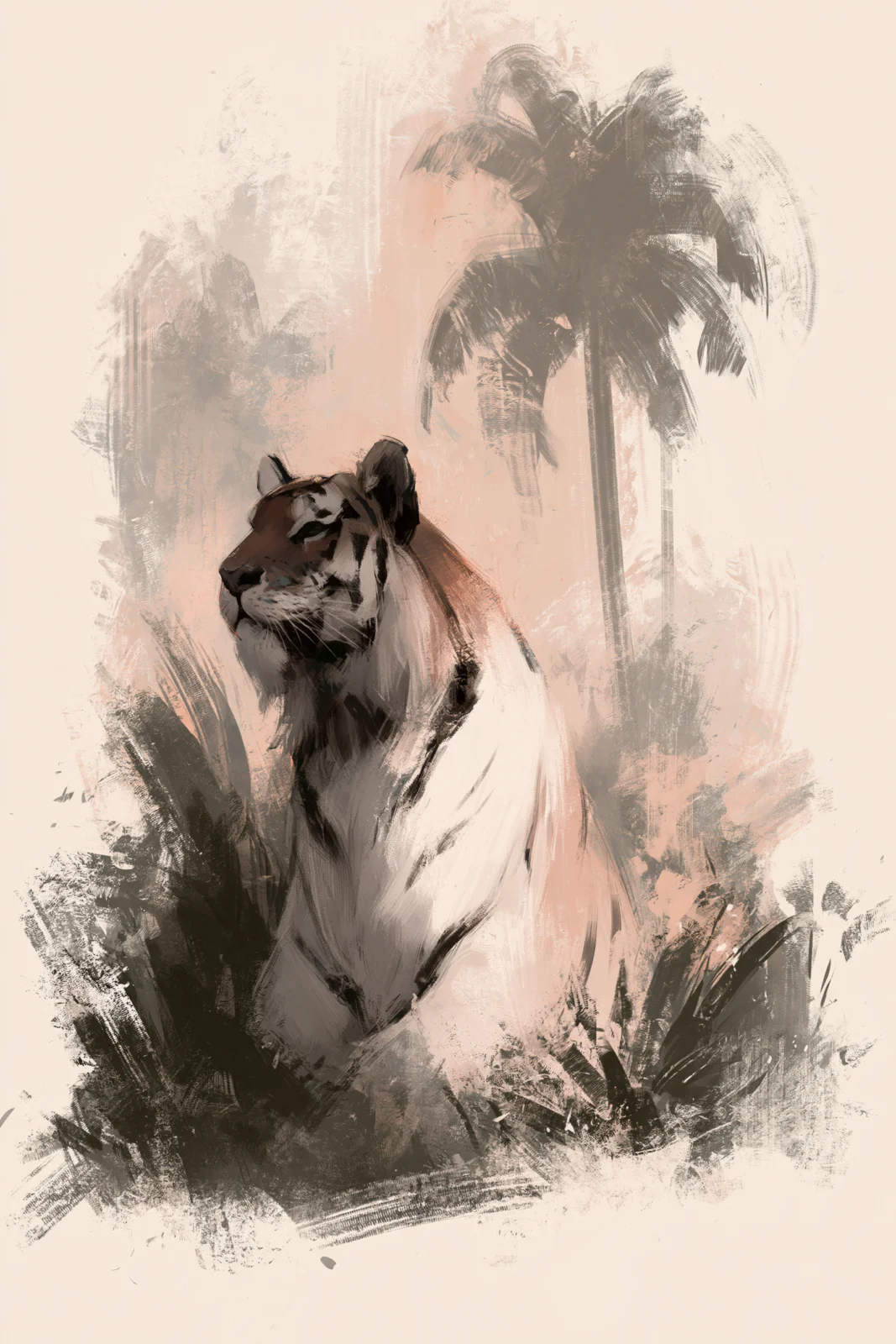 Artistic Tiger in Jungle Printable Wall Art – Sepia Tropical Palm Tree Painting Poster, Muted Boho Safari Wild Animal Decor