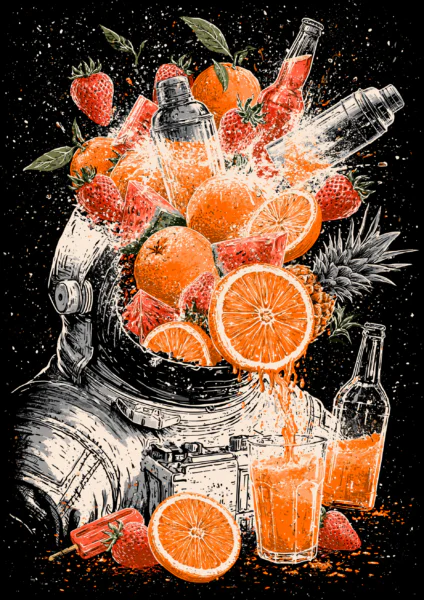 Psychedelic Astronaut Fruit Explosion Printable Wall Art – Retro Cosmic Cocktail Poster, Funky Kitchen & Home Bar Decor