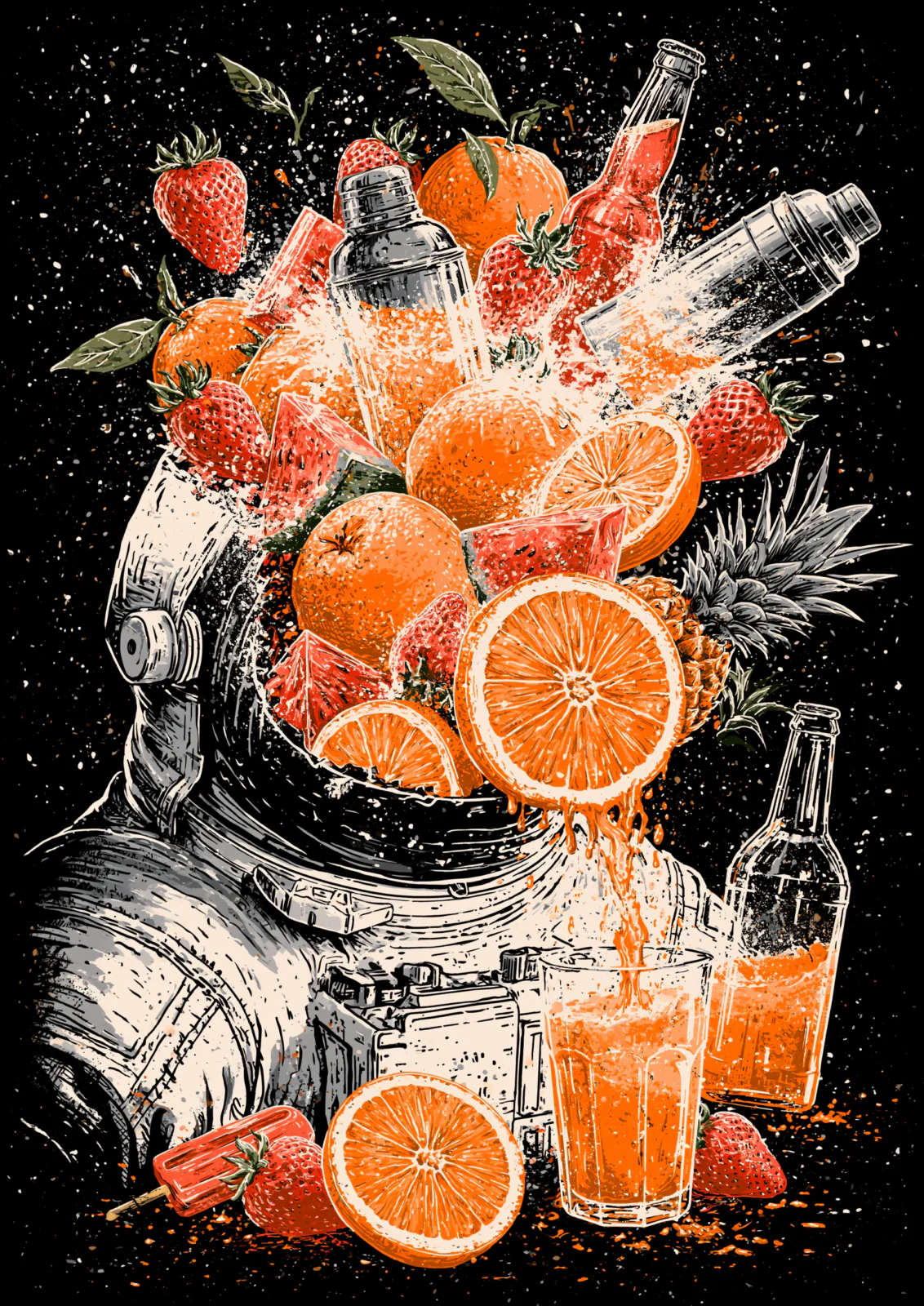 Psychedelic Astronaut Fruit Explosion Printable Wall Art – Retro Cosmic Cocktail Poster, Funky Kitchen & Home Bar Decor