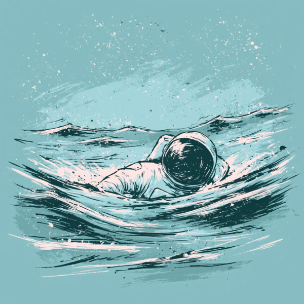 Surreal Astronaut Swimming in Ocean Printable Wall Art – Mint Blue Cosmic Waves Poster, Modern Graphic Space Decor
