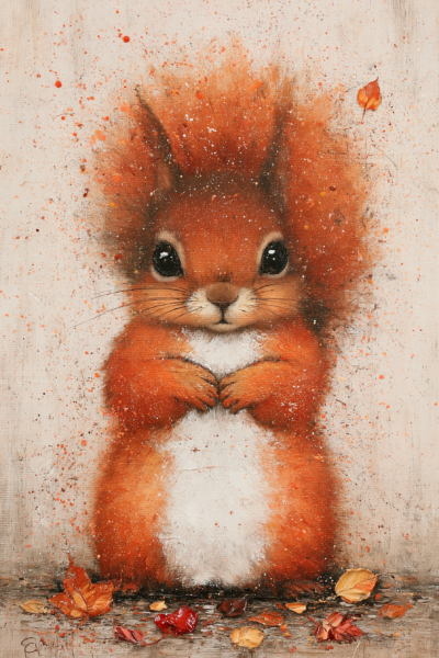 Cute Autumn Squirrel Printable Wall Art – Fluffy Red Squirrel Fall Woodland Animal Painting Poster