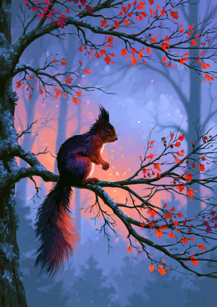 Squirrel Wall Art Printable – Autumn Squirrel in Magical Forest Painting Poster, Red Leaves & Sunset Woodland Wildlife Digital Print