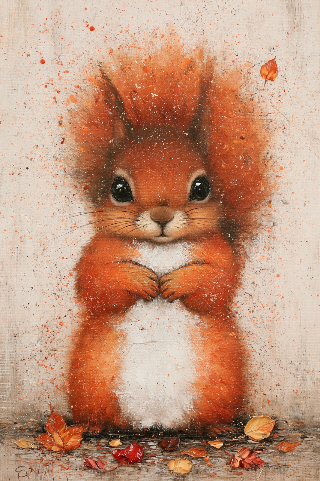 Cute Autumn Squirrel Printable Wall Art – Fluffy Red Squirrel Fall Woodland Animal Painting Poster