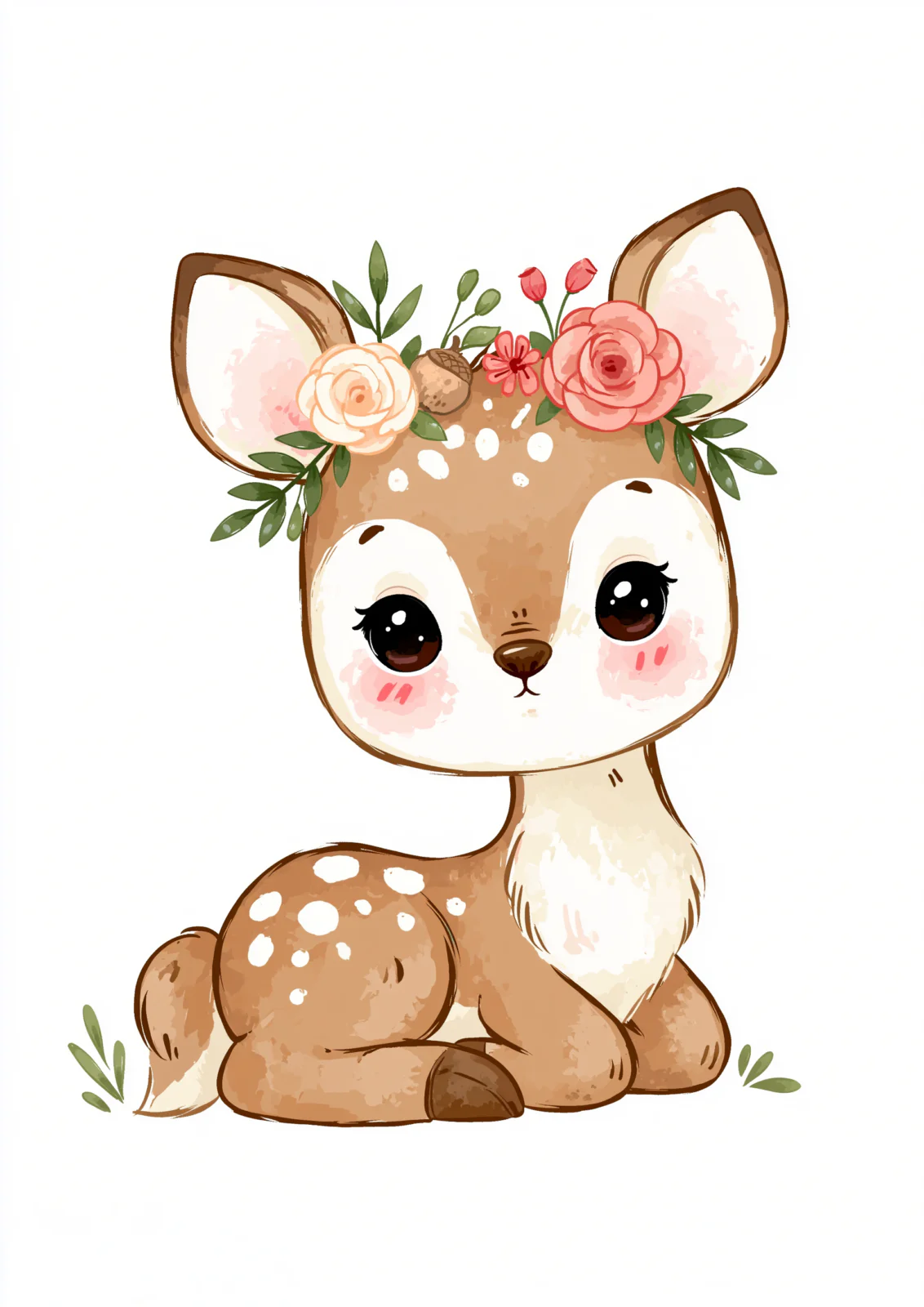 Cute Baby Deer Watercolor Printable Wall Art – Floral Fawn Nursery Poster, Blush Pink Woodland Animal Decor for Baby Girl Room