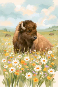 Bison in Wildflower Meadow Wall Art Printable – Rustic Prairie Buffalo Painting Poster, Country Meadow Wildlife Digital Art Print
