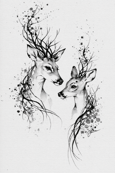 Modern Minimalist Deer Pair Printable Wall Art – Monochrome Ink & Branch Illustration Poster