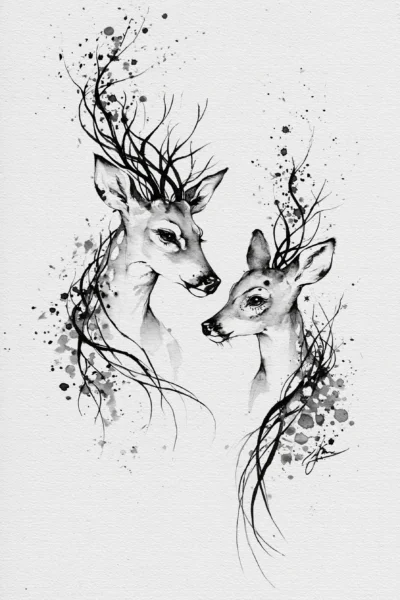 Modern Minimalist Deer Pair Printable Wall Art – Monochrome Ink & Branch Illustration Poster