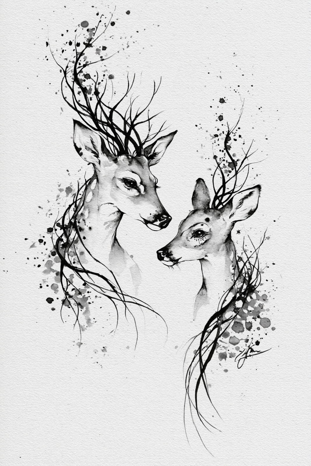 Modern Minimalist Deer Pair Printable Wall Art - Monochrome Ink & Branch Illustration Poster Modern Minimalist Deer Pair Printable Wall Art - Monochrome Ink & Branch Illustration Poster