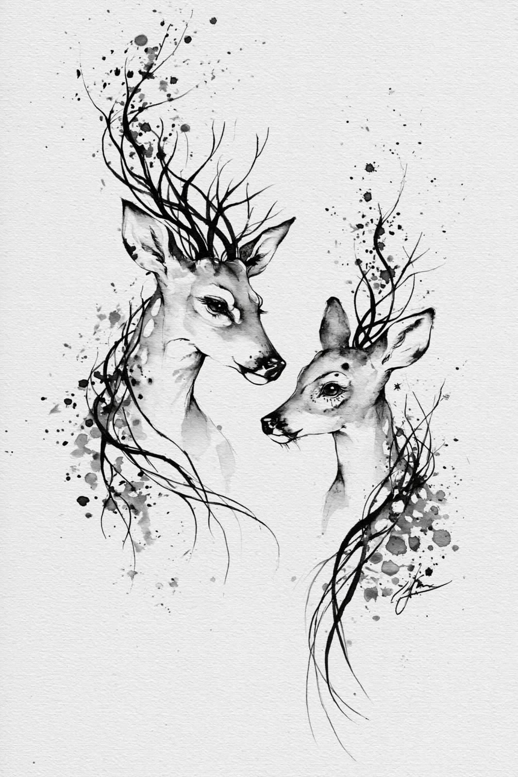 Modern Minimalist Deer Pair Printable Wall Art - Monochrome Ink & Branch Illustration Poster