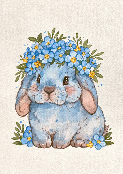 Cute Watercolor Bunny Printable Wall Art – Forget-Me-Not Floral Crown Rabbit Poster, Storybook Cottagecore Nursery Decor