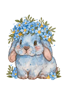 Cute Floral Bunny Clipart PNG – Watercolor Bunny with Blue Forget Me Not Crown, Sweet Woodland Rabbit Nursery Illustration