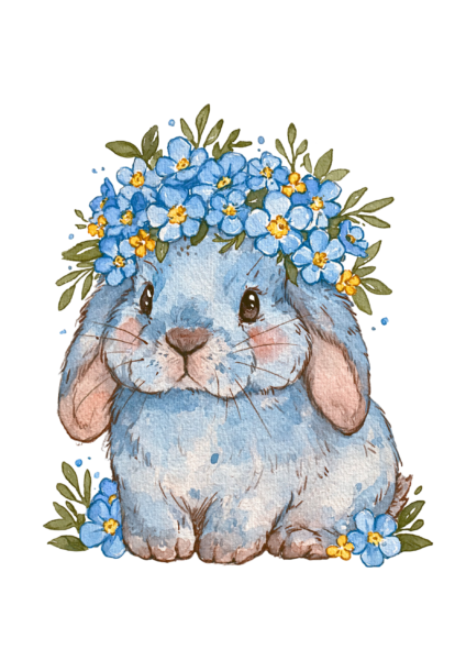 Cute Watercolor Bunny in Forget-Me-Not Crown Printable Sticker PNG – Floral Spring Rabbit Clipart for Planners, Laptops & Crafts