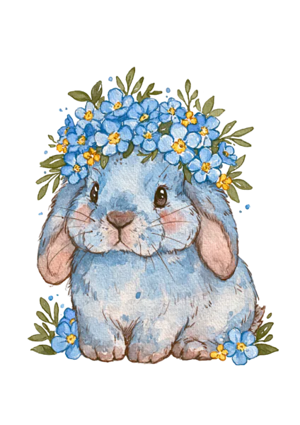 Cute Watercolor Bunny in Forget-Me-Not Crown Printable Sticker PNG – Floral Spring Rabbit Clipart for Planners, Laptops & Crafts