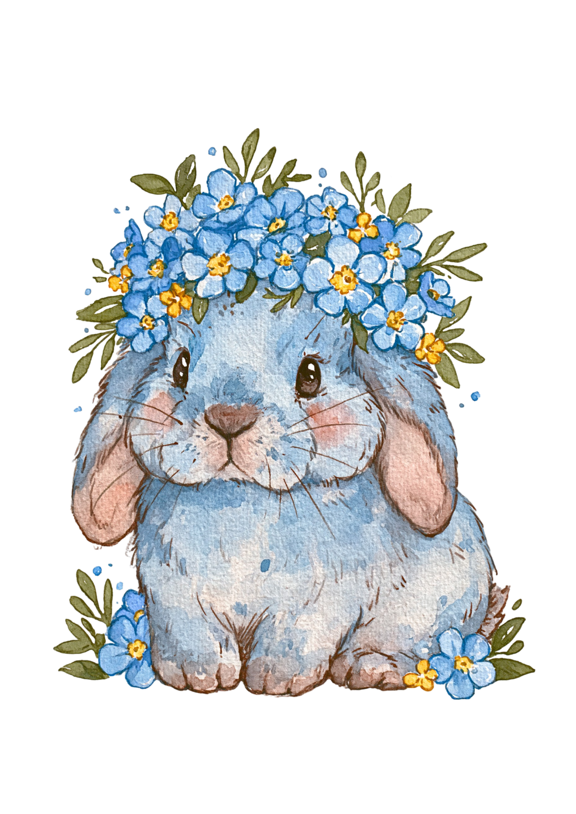 Cute Watercolor Bunny in Forget-Me-Not Crown Printable Sticker PNG – Floral Spring Rabbit Clipart for Planners, Laptops & Crafts