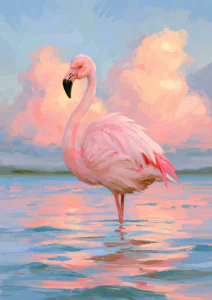 Pink Flamingo at Sunset Oil Painting Printable Wall Art – Impressionist Coastal Lake Poster, Pastel Sky & Tropical Bird Beach Decor