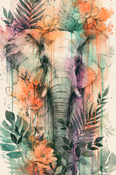Boho Watercolor Elephant Printable Wall Art – Botanical Floral Jungle Poster & Exotic Animal Decor