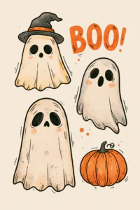 Cute Halloween Ghost & Pumpkin Printable Wall Art – Retro Spooky Season BOO Poster & Postcard