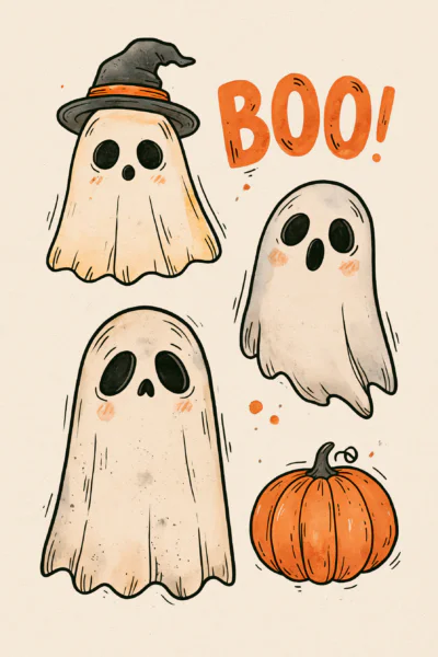 Cute Halloween Ghost & Pumpkin Printable Wall Art – Retro Spooky Season BOO Poster & Postcard