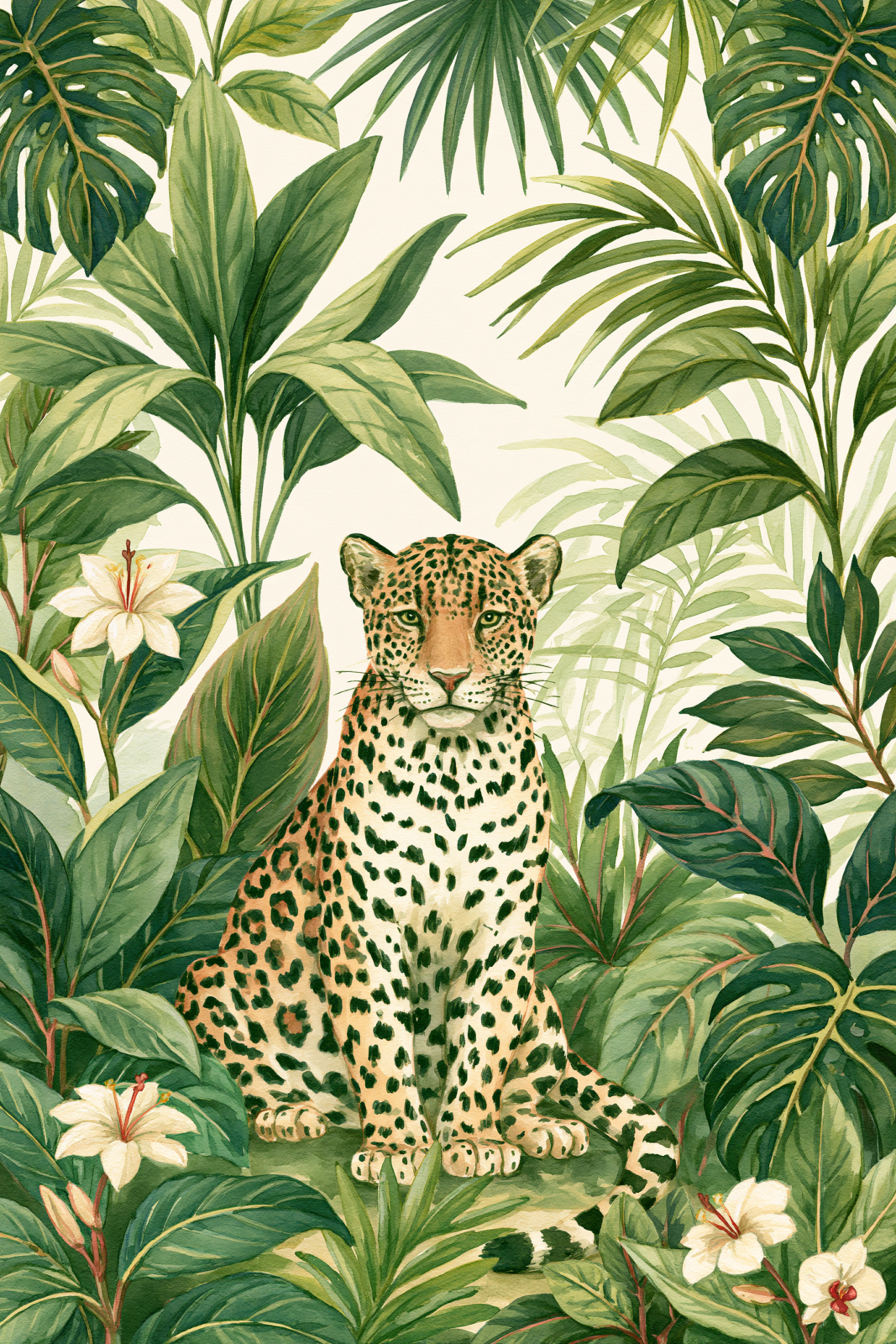 Watercolor Leopard Botanical Printable Wall Art – Tropical Jungle Jaguar Poster, Exotic Monstera & Palm Leaf Decor