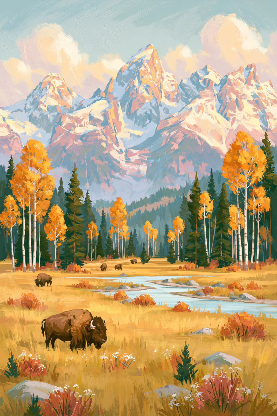 Bison Autumn Mountain Landscape Printable Wall Art – Majestic Buffalo & Golden Aspen Forest Oil Painting Poster, Rustic Western Nature Decor