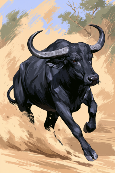 Dynamic African Buffalo Charging Printable Wall Art – Powerful Wildlife Safari Painting Poster