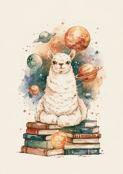 Celestial Llama Wall Art Printable – Cosmic Alpaca on Stack of Books Watercolor Poster, Whimsical Galaxy Space Nursery & Reading Nook Digital Print