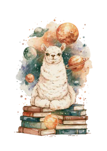 Celestial Llama Clipart PNG – Cosmic Alpaca on Stack of Books Watercolor Illustration, Galaxy Space & Astronomy Digital Graphic