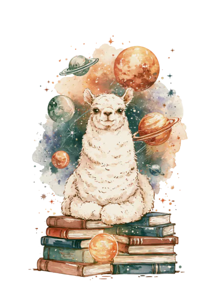 Celestial Llama Clipart PNG – Cosmic Alpaca on Stack of Books Watercolor Illustration, Galaxy Space & Astronomy Digital Graphic
