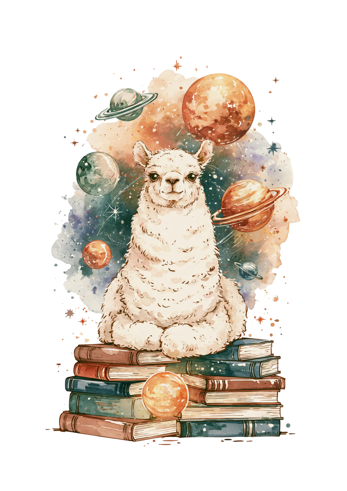 Celestial Llama Clipart PNG – Cosmic Alpaca on Stack of Books Watercolor Illustration, Galaxy Space & Astronomy Digital Graphic