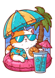 Cool Summer Cat Printable Sticker PNG – Funny Tropical Vacation Cat Decal for Laptop, Water Bottle, Planner & Journaling Clipart