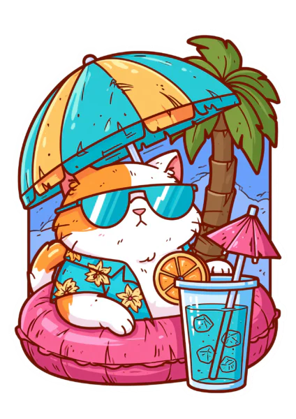 Cool Summer Cat Printable Sticker PNG – Funny Tropical Vacation Cat Decal for Laptop, Water Bottle, Planner & Journaling Clipart