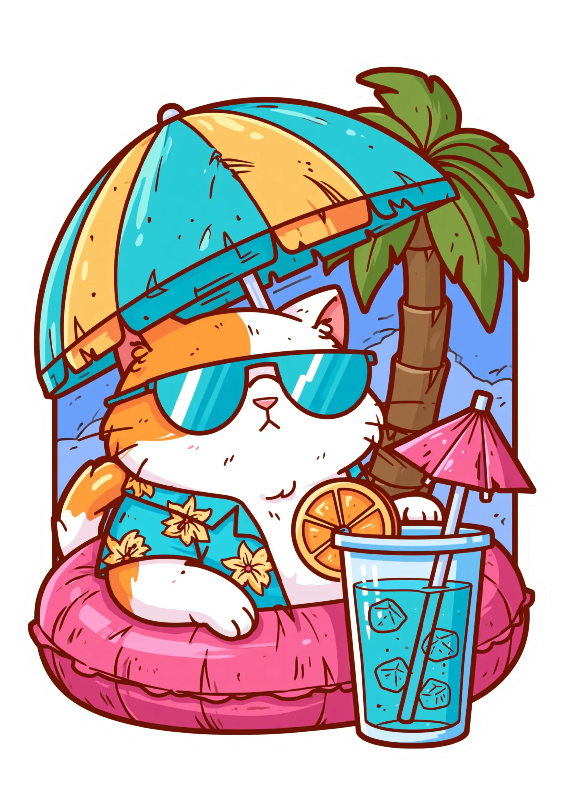 Cool Summer Cat Printable Sticker PNG – Funny Tropical Vacation Cat Decal for Laptop, Water Bottle, Planner & Journaling Clipart