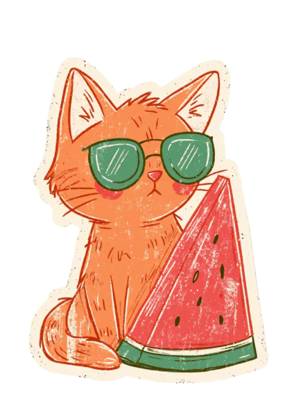 Cute Retro Cat with Watermelon Printable Sticker PNG – Cool Ginger Kitty in Sunglasses Decal for Laptop, Water Bottle, Planner & Journaling Clipart