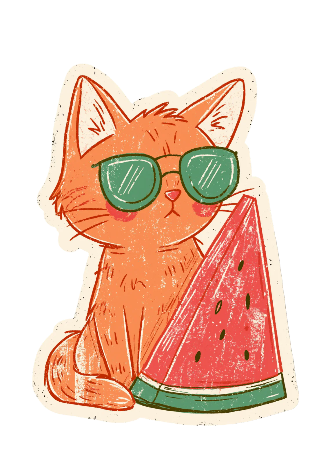 Cute Retro Cat with Watermelon Printable Sticker PNG – Cool Ginger Kitty in Sunglasses Decal for Laptop, Water Bottle, Planner & Journaling Clipart