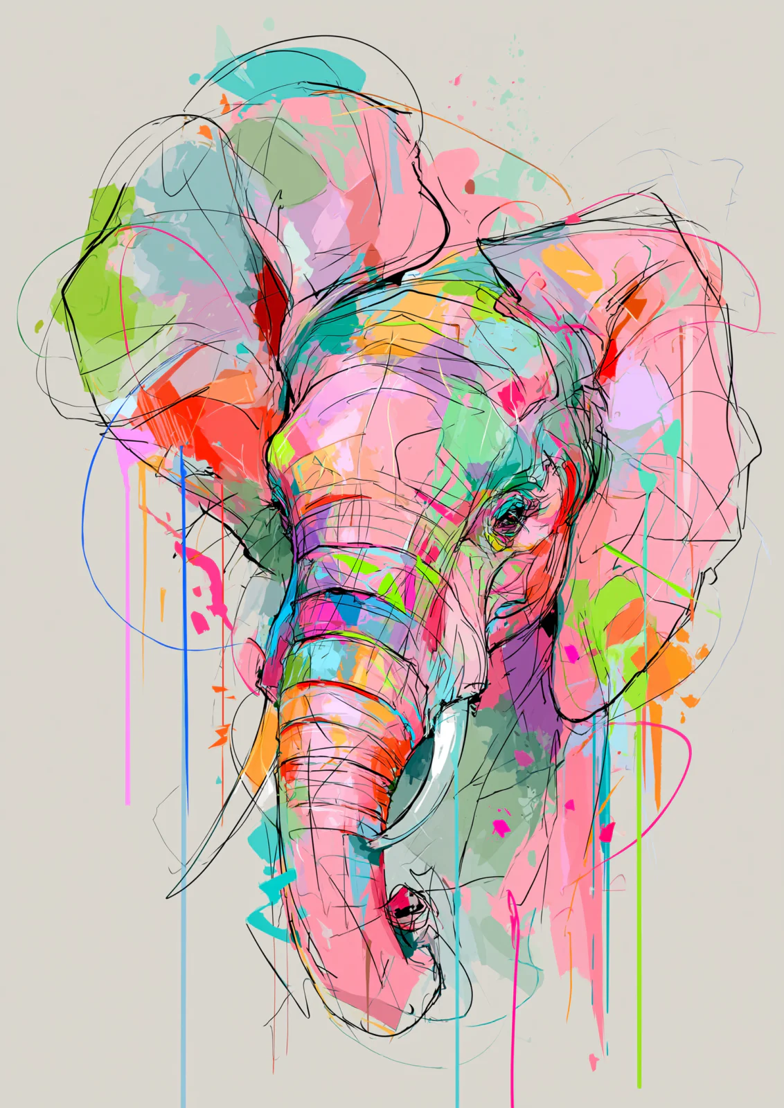 Colorful Abstract Elephant Printable Wall Art – Vibrant Neon & Pastel Watercolor Elephant Poster, Modern Eclectic Safari Animal Decor