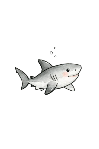 Cute Baby Shark Clipart PNG – Smiling Great White Watercolor Illustration, Sweet Ocean Animal Digital Graphic for Nursery & Crafts
