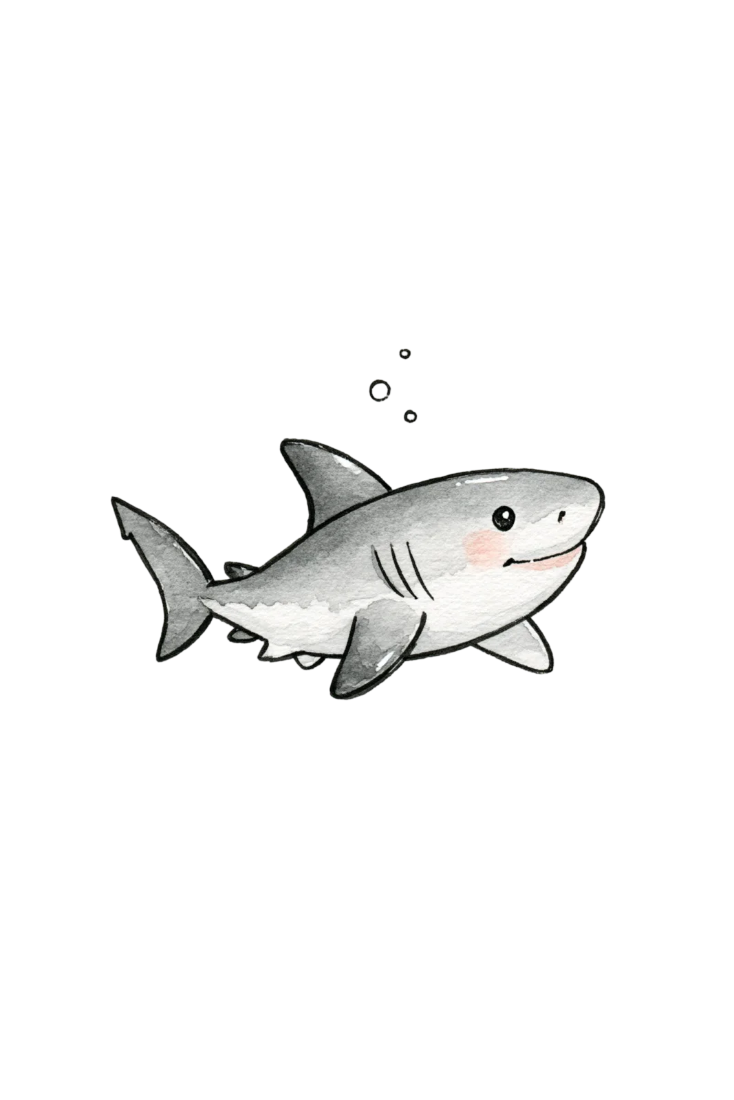 Cute Baby Shark Clipart PNG – Smiling Great White Watercolor Illustration, Sweet Ocean Animal Digital Graphic for Nursery & Crafts