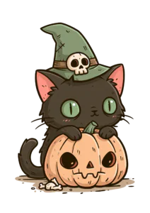 Cute Black Cat with Pumpkin Clipart PNG – Spooky Witch Hat Kitten Illustration, Kawaii Halloween Jack-o'-Lantern Sublimation Digital Graphic