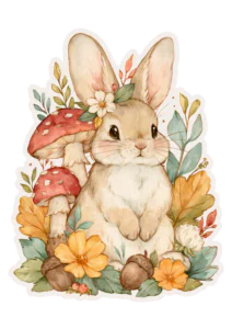 Cute Cottagecore Bunny with Mushrooms Sticker PNG – Watercolor Autumn Forest Rabbit with Fall Flowers & Acorns Printable Sticker, Die Cut Woodland Animal Decal PNG for Planners & Crafting